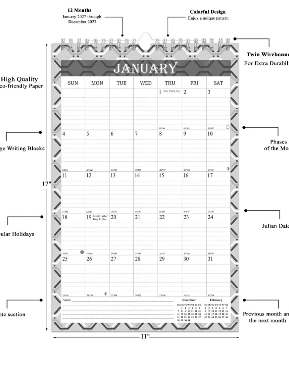 2027 Wall Calendar Spiral-bound Twin-Wire Binding - 12 Months 11